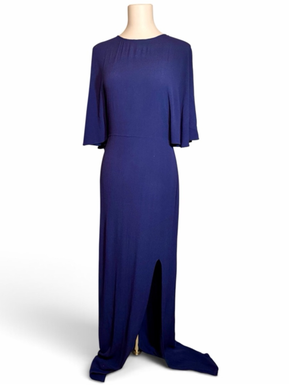 Reformation Navy Backless Maxi Dress Gown Flutter Sleeve Slit Train Size 12